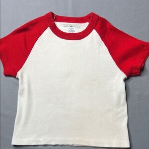 Brandy Melville White Ribbed Tee with Red Raglan Sleeves